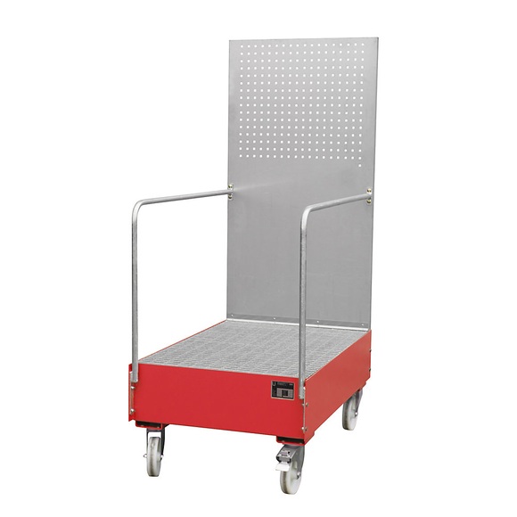 Fahrbare Auffangwanne mit Lochplattenwand 2 x 200-l-Fass stehend hintereinander, LxBxH 1200 x 800 x 2015 mm feuerrot