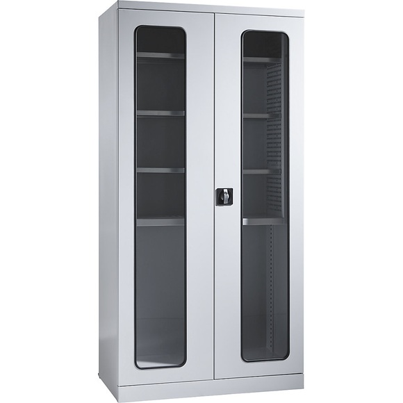 QUIPO Geräte- und Putzmittelschrank JUMBO Sichtfenstertüren / 2 Regalboxen lichtgrau