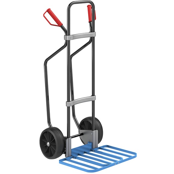 EUROKRAFT Sackkarre GO mit Kufen, schwarz Paketschaufel-BxT 430 x 450 mm, blau Vollgummibereifung