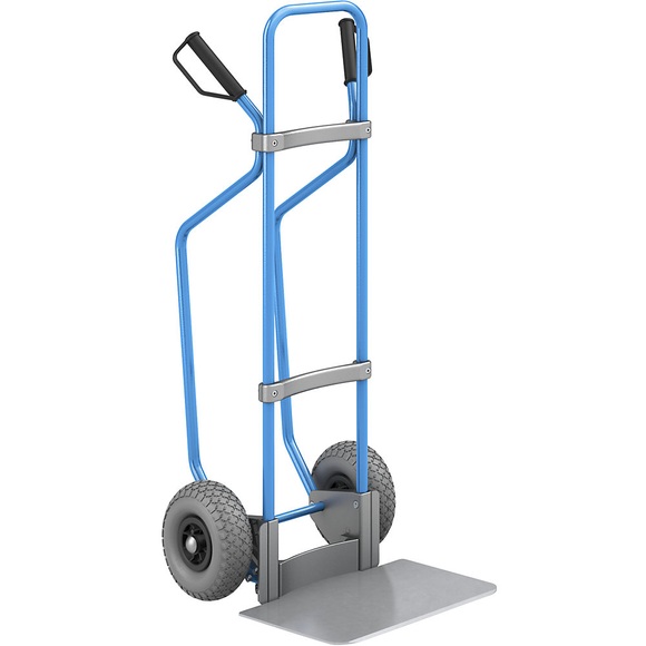 EUROKRAFT Sackkarre mit Kufen, blau Schaufel-BxT 450 x 350 mm, verzinkt PU-Bereifung, ab 5 Stk
