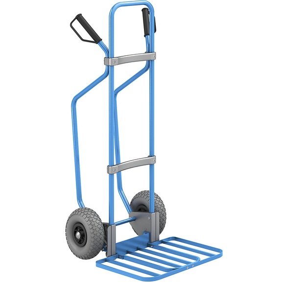 EUROKRAFT Sackkarre mit Kufen, blau Paketschaufel-BxT 430 x 450 mm, blau PU-Bereifung