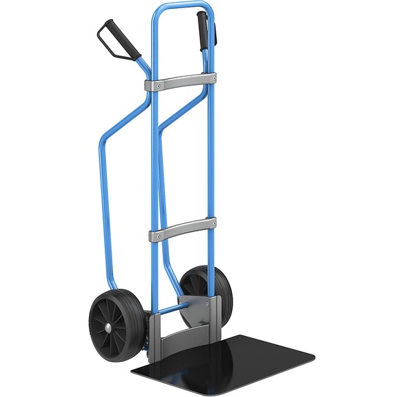 EUROKRAFT Sackkarre mit Kufen, blau Schaufel-BxT 450 x 500 mm, schwarz Vollgummibereifung