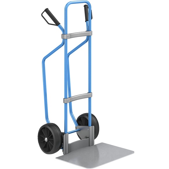 EUROKRAFT Sackkarre mit Kufen, blau Schaufel-BxT 450 x 500 mm, verzinkt Vollgummibereifung
