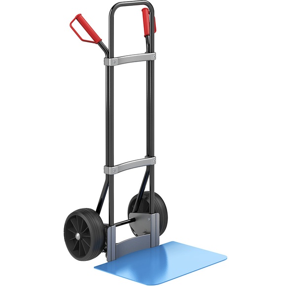 EUROKRAFT Stahl-Sackkarre, schwarz Schaufel-BxT 450 x 500 mm, blau Vollgummibereifung