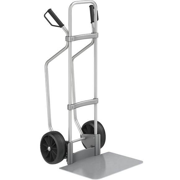 EUROKRAFT Aluminium-Sackkarre GO mit Kufen Schaufel-BxT 450 x 500 mm, verzinkt Vollgummibereifung