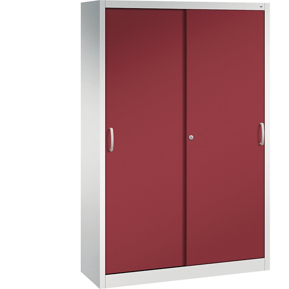CP ACURADO Schiebetürenschrank 3 Fachböden, 2 Schließfächer, HxBxT 1950 x 1200 x 400 mm lichtgrau / rubinrot