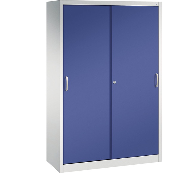 CP ACURADO Schiebetürenschrank 3 Fachböden, 2 Schließfächer, HxBxT 1950 x 1200 x 500 mm lichtgrau / lapisblau