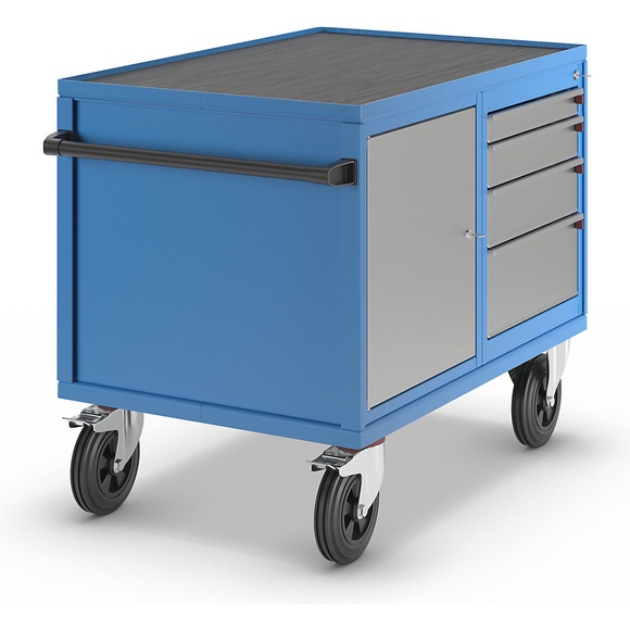EUROKRAFT Montagewagen, Tragfähigkeit 500 kg 1 Schrank, 4 Schubladen weißaluminium RAL 9006 / lichtblau RAL 5012