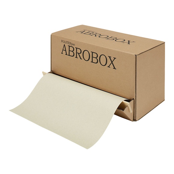 Graspapier-Packpapier terra, Breite 350 mm, Abrollbox mit Holzschiene, Länge 250 m, 80 g/m²