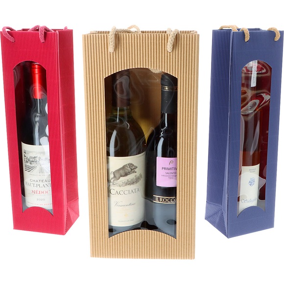 Geschenktragetasche, offene Welle, mit Fenster, für 2 Flaschen, natur, ab 10 Stk