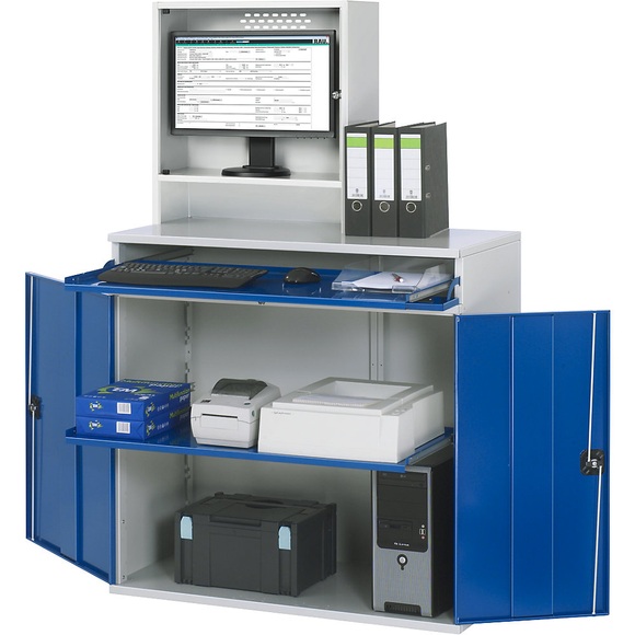 RAU Computer-Arbeitsstation Monitorgehäuse, 1 Ausziehboden Breite 1100 mm, lichtgrau / enzianblau