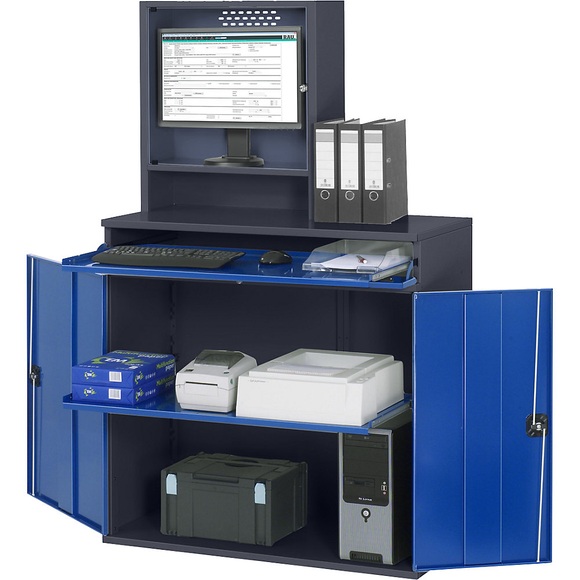 RAU Computer-Arbeitsstation Monitorgehäuse, 1 Ausziehboden Breite 1100 mm, anthrazit / enzianblau