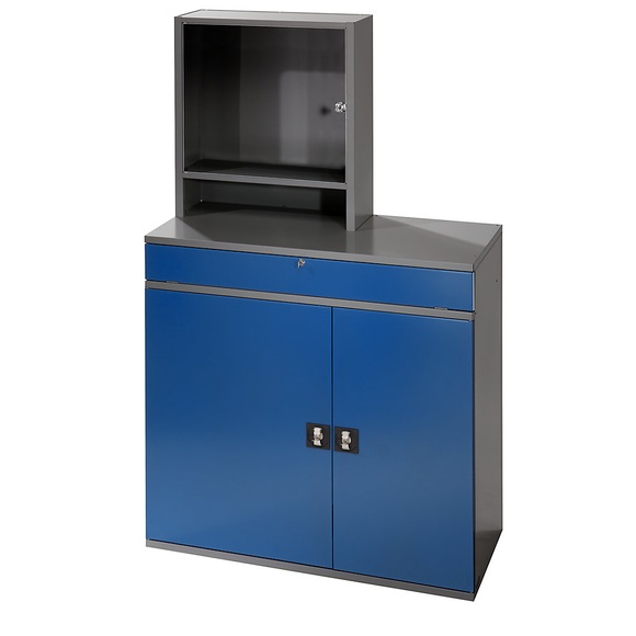 RAU Computer-Arbeitsstation Monitorgehäuse, 1 Ausziehboden, 2 Schubladen Breite 1100 mm, anthrazit / enzianblau