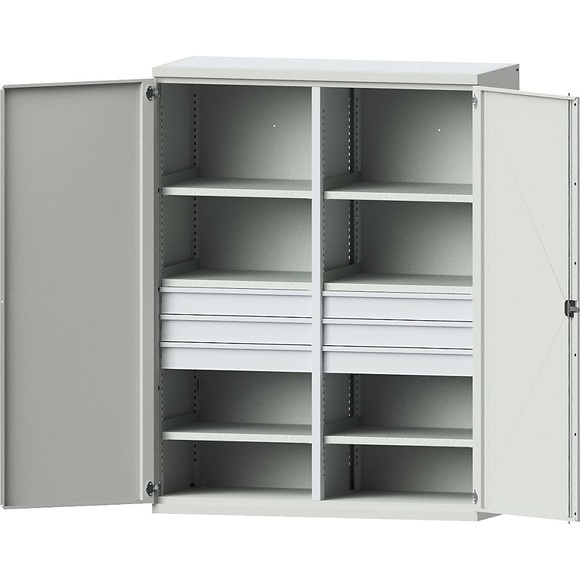 EUROKRAFTpro Schwerlastschrank JUMBO aus Stahlblech, 6 Fachböden, 6 Schubladen 120 mm hoch, lichtgrau/lichtgrau