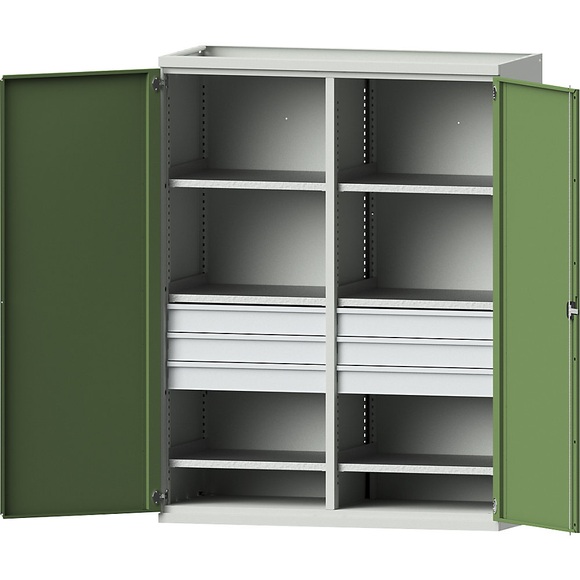 EUROKRAFTpro Schwerlastschrank JUMBO aus Stahlblech, 6 Fachböden, 6 Schubladen 120 mm hoch, lichtgrau/resedagrün