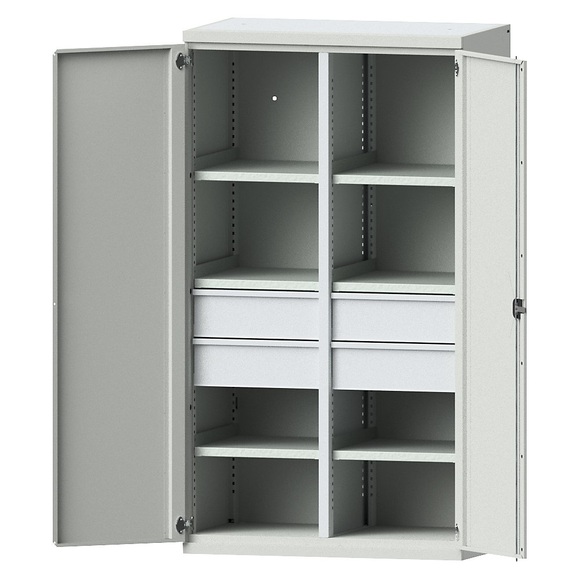 EUROKRAFTpro Schwerlastschrank aus Stahl, 6 Fachböden, 4 Schubladen 180 mm hoch, lichtgrau/lichtgrau