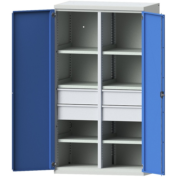 EUROKRAFTpro Schwerlastschrank aus Stahl, 6 Fachböden, 4 Schubladen 180 mm hoch, lichtgrau/lichtblau