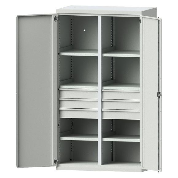EUROKRAFTpro Schwerlastschrank aus Stahl, 6 Fachböden, 6 Schubladen 120 mm hoch, lichtgrau/lichtgrau
