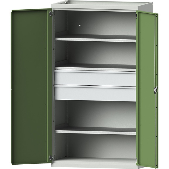 EUROKRAFTpro Schwerlastschrank aus Stahl, 3 Fachböden, 2 Schubladen 180 mm hoch, lichtgrau/resedagrün