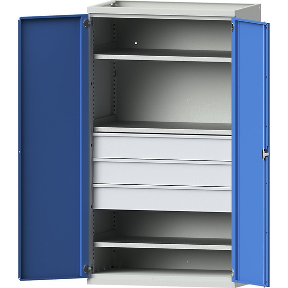 EUROKRAFTpro Schwerlastschrank aus Stahl, 3 Fachböden, 3 Schubladen 180 mm hoch, lichtgrau/lichtblau