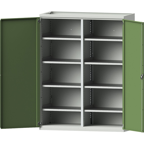 EUROKRAFTpro Schwerlastschrank JUMBO aus Stahlblech, 8 Fachböden, Mitteltrennwand, lichtgrau/resedagrün