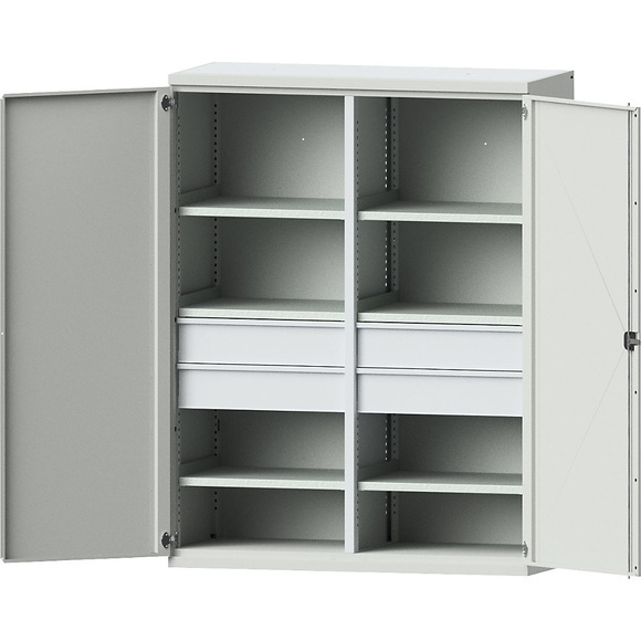 EUROKRAFTpro Schwerlastschrank JUMBO aus Stahlblech, 6 Fachböden, 4 Schubladen 180 mm hoch, lichtgrau/lichtgrau