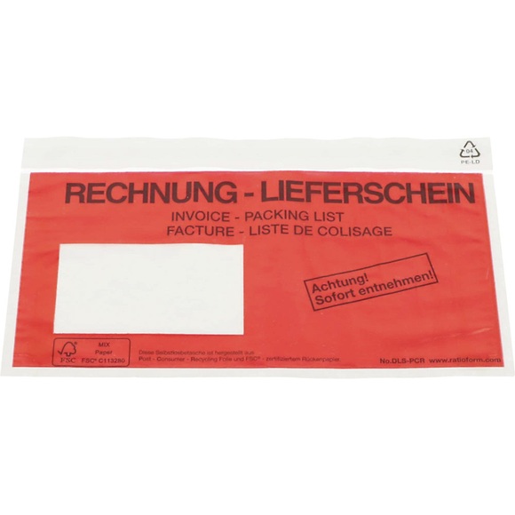 Recycling-Dokumententaschen, Aufdruck Lieferschein - Rechnung, VE 250 Stk, LxB 240 x 140 mm