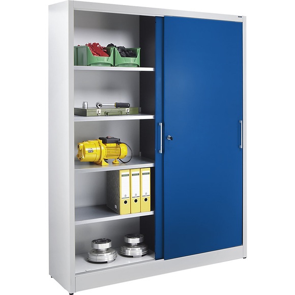 EUROKRAFTbasic Schiebetürenschrank, Stahlkorpus, HxBxT 1950 x 1500 x 500 mm, grau/blau