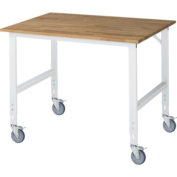 RAU Fahrbarer Arbeitstisch, Gestell 60 x 30 mm, Platten-BxT 1250 x 1000 mm, Buche-Massivholzplatte