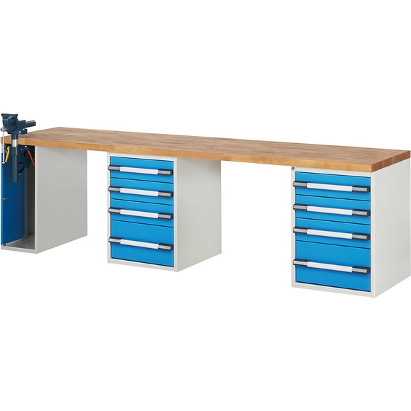 EUROKRAFTpro Werkbank, Baukastensystem, 8 Schubladen, 1 Schraubstock linksseitig, BxT 3000 x 700 mm