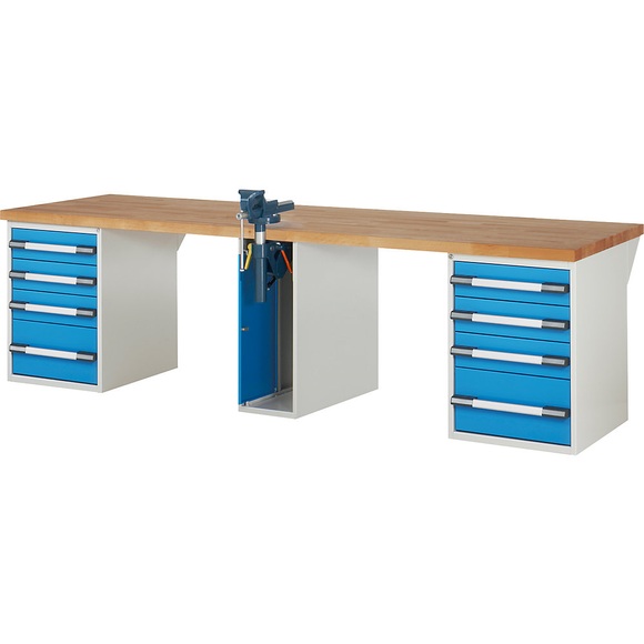 EUROKRAFTpro Werkbank, Baukastensystem, 8 Schubladen, 1 Schraubstock mittig, BxT 3000 x 900 mm