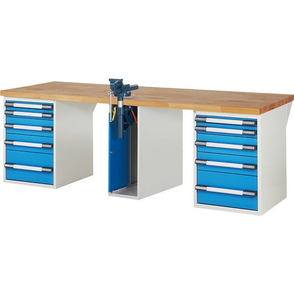 EUROKRAFTpro Werkbank, Baukastensystem, 10 Schubladen, 1 Schraubstock mittig, BxT 2500 x 900 mm
