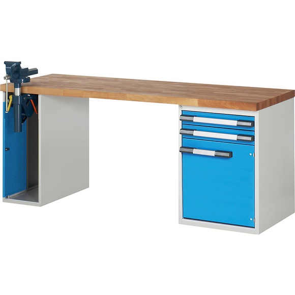 EUROKRAFTpro Werkbank, Baukastensystem, 2 Schubladen, 1 Tür, 1 Schraubstock linksseitig, BxT 2000 x 700 mm