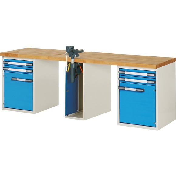 EUROKRAFTpro Werkbank, Baukastensystem, 4 Schubladen, 2 Türen, 1 Schraubstock mittig, BxT 2500 x 700 mm