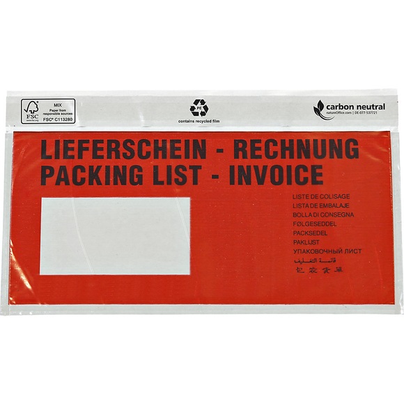 Recycling-Dokumententaschen, Aufdruck Lieferschein - Rechnung, VE 1000 Stk, LxB 240 x 117 mm