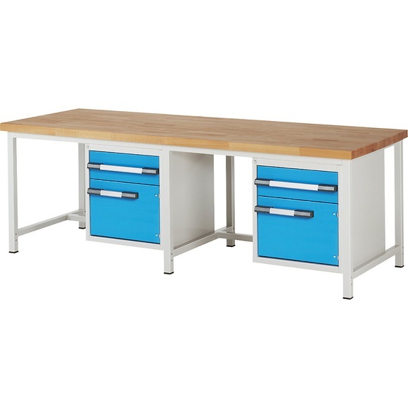 eurokraft pro Werkbank, Gestellbauweise, 2 Schubladen 180 mm, 2 Türen 360 mm, extrabreit, BxT 2500 x 900 mm