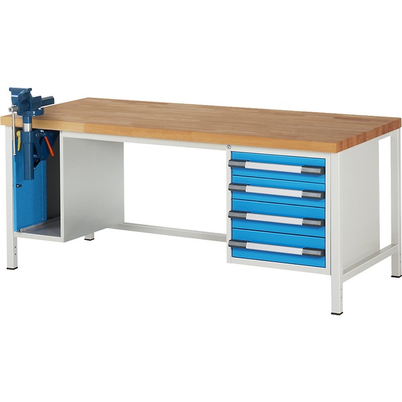 eurokraft pro Werkbank, Gestellbauweise, 4 Schubladen: 2 x 120, 2 x 150 mm, 1 Schrank, BxT 2000 x 900 mm