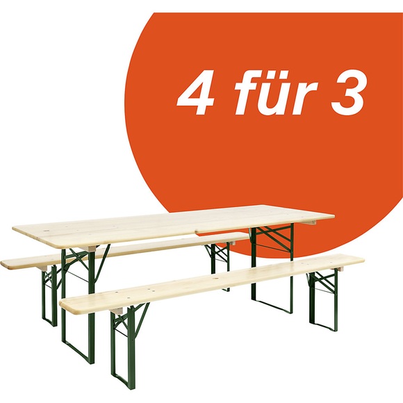Deal: 4 für 3, Bierbankgarnitur, 4 Tische, 8 Bänke, natur