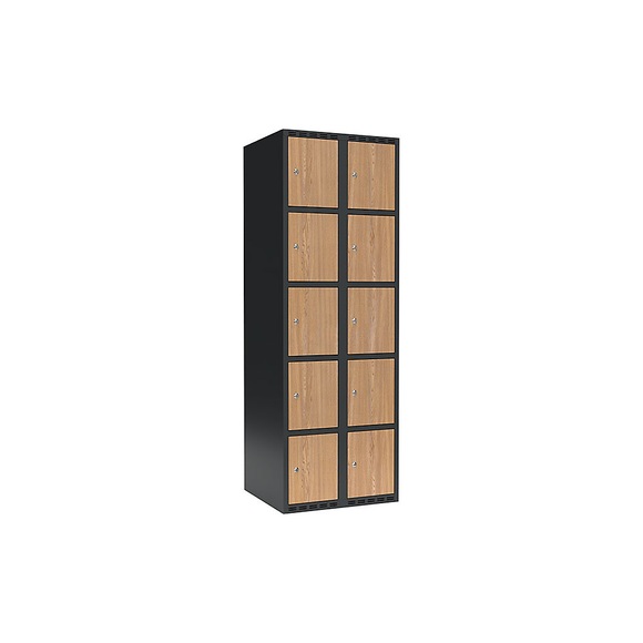 Schließfachschrank Fydor, 5 Fächer, grau / Eiche, B 600 mm, 2 Abteile, flache Dachform, Zylinderschloss