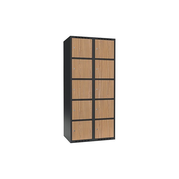 Schließfachschrank Fydor, 5 Fächer, grau / Eiche, B 800 mm, 2 Abteile, flache Dachform, Zylinderschloss