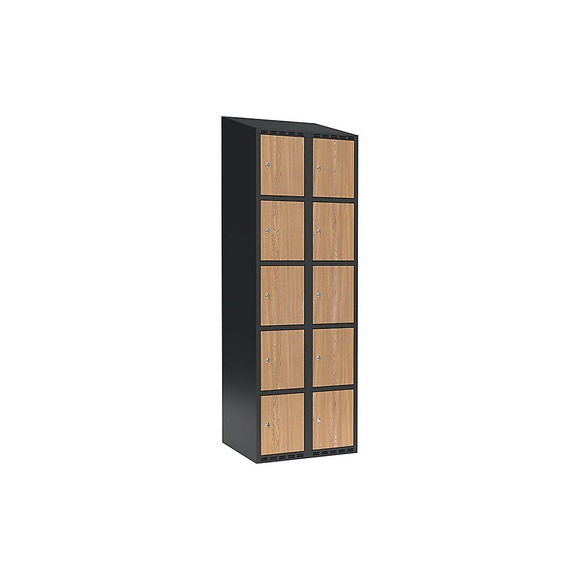 Schließfachschrank Fydor, 5 Fächer, grau / Eiche, B 600 mm, 2 Abteile, schräge Dachform, Zylinderschloss