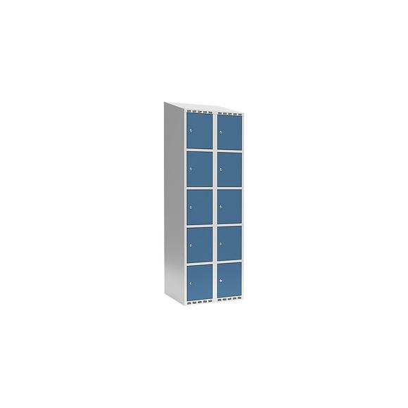 Schließfachschrank Fydor, 5 Fächer, lichtgrau / brillantblau, B 600 mm, 2 Abteile, schräge Dachform, Zylinderschloss