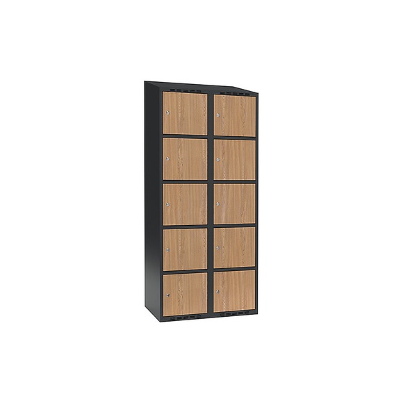 Schließfachschrank Fydor, 5 Fächer, grau / Eiche, B 800 mm, 2 Abteile, schräge Dachform, Zylinderschloss