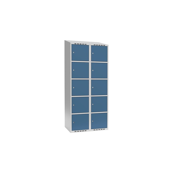 Schließfachschrank Fydor, 5 Fächer, lichtgrau / brillantblau, B 800 mm, 2 Abteile, schräge Dachform, Zylinderschloss