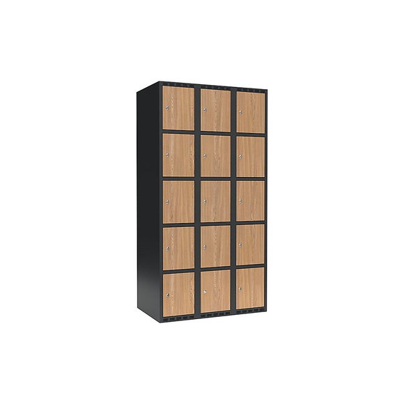 Schließfachschrank Fydor, 5 Fächer, grau / Eiche, B 900 mm, 3 Abteile, flache Dachform, Zylinderschloss