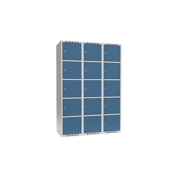Schließfachschrank Fydor, 5 Fächer, lichtgrau / brillantblau, B 1200 mm, 3 Abteile, flache Dachform, Zylinderschloss