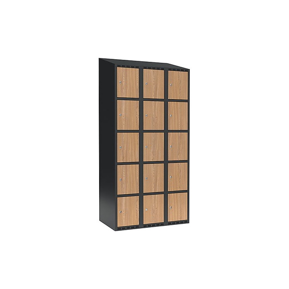 Schließfachschrank Fydor, 5 Fächer, grau / Eiche, B 900 mm, 3 Abteile, schräge Dachform, Zylinderschloss