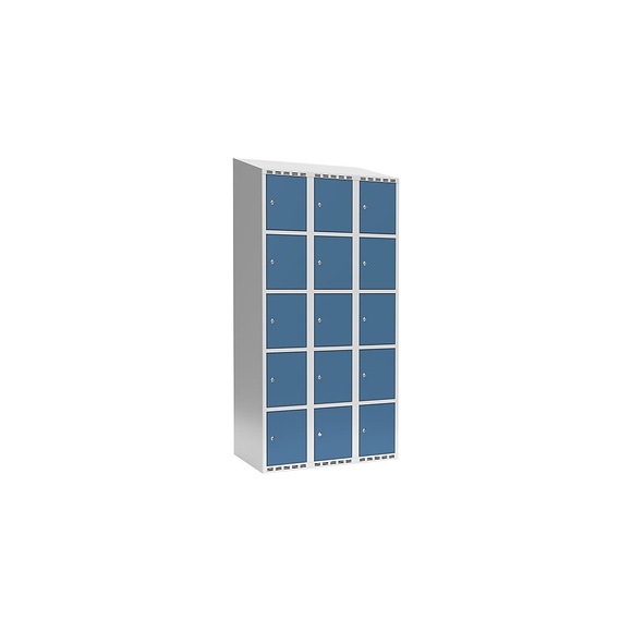 Schließfachschrank Fydor, 5 Fächer, lichtgrau / brillantblau, B 900 mm, 3 Abteile, schräge Dachform, Zylinderschloss