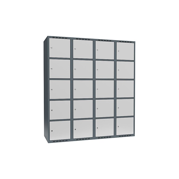 Schließfachschrank Fydor, 5 Fächer, blaugrau / lichtgrau, B 1200 mm, 4 Abteile, flache Dachform, Zylinderschloss