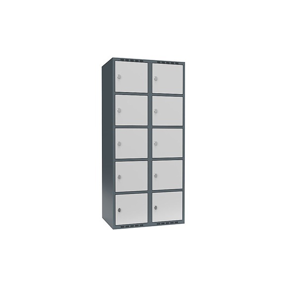 Schließfachschrank Fydor, 5 Fächer, blaugrau / lichtgrau, B 800 mm, 2 Abteile, flache Dachform, Vorhängeschloss
